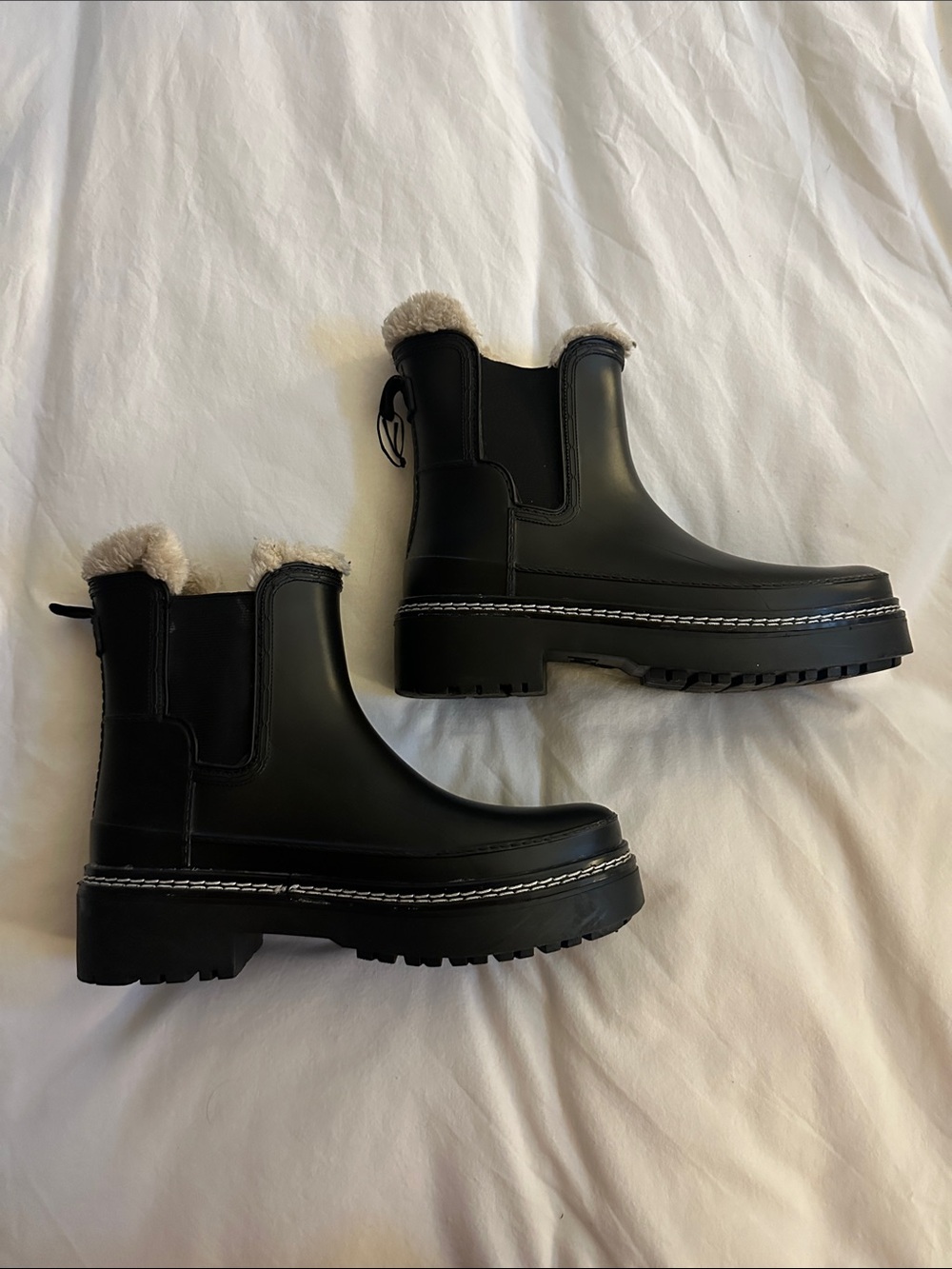 Marc Fisher Black Chelsea Winter Boots with Faux Shearling Trim